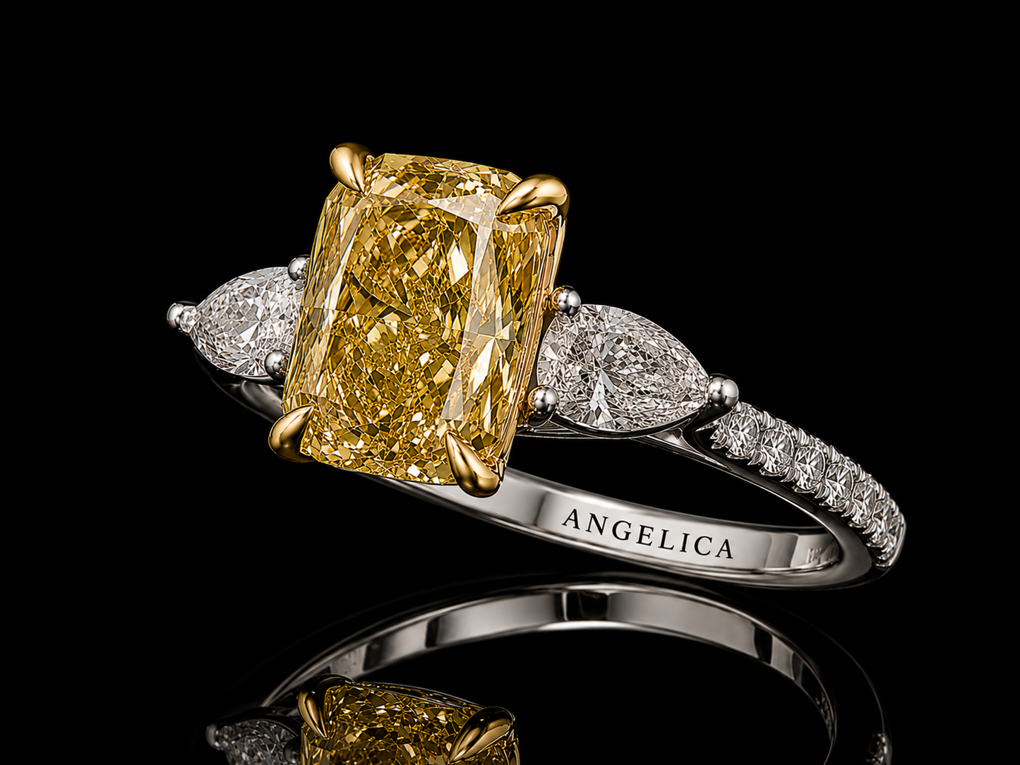 Platinum & 18K Yellow Gold Canary Yellow Lab Diamond Elongated Cushion Engagement Ring – 2.22 ct Total – IGI Certified