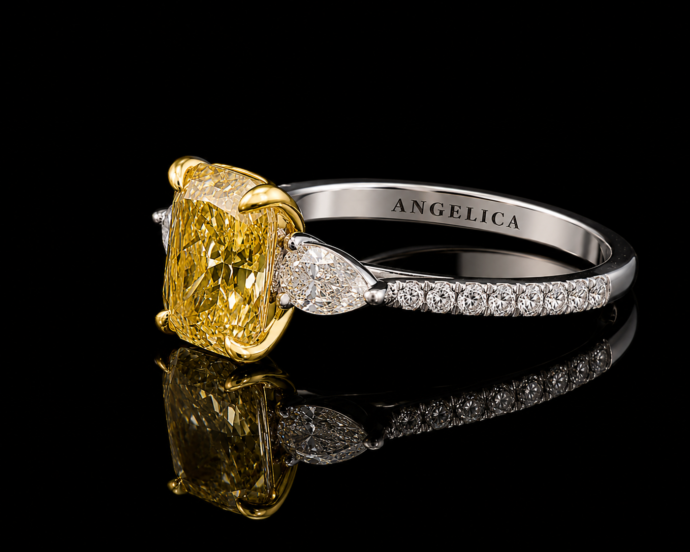 Platinum & 18K Yellow Gold Canary Yellow Lab Diamond Elongated Cushion Engagement Ring – 2.22 ct Total – IGI Certified