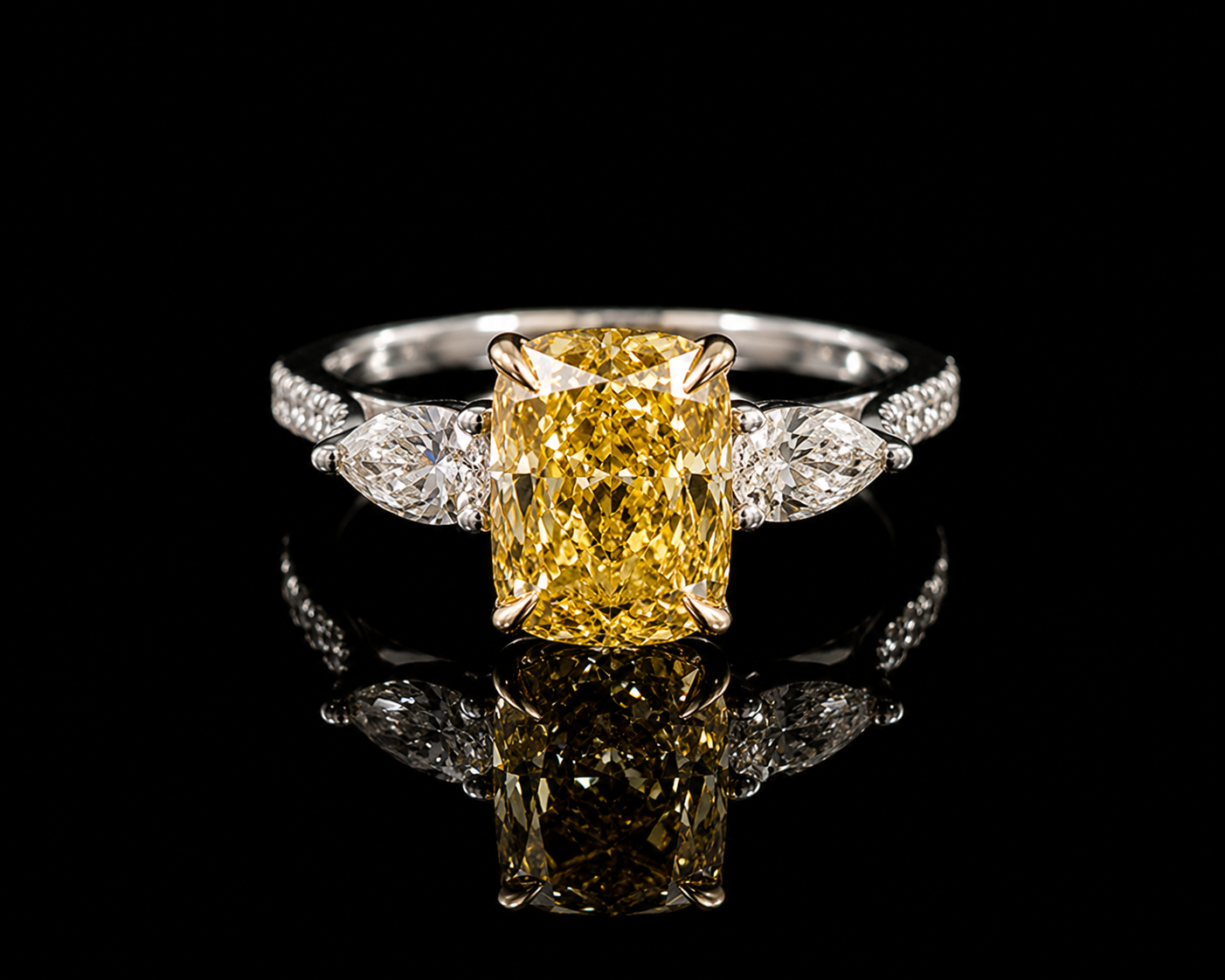 Platinum & 18K Yellow Gold Canary Yellow Lab Diamond Elongated Cushion Engagement Ring – 2.22 ct Total – IGI Certified
