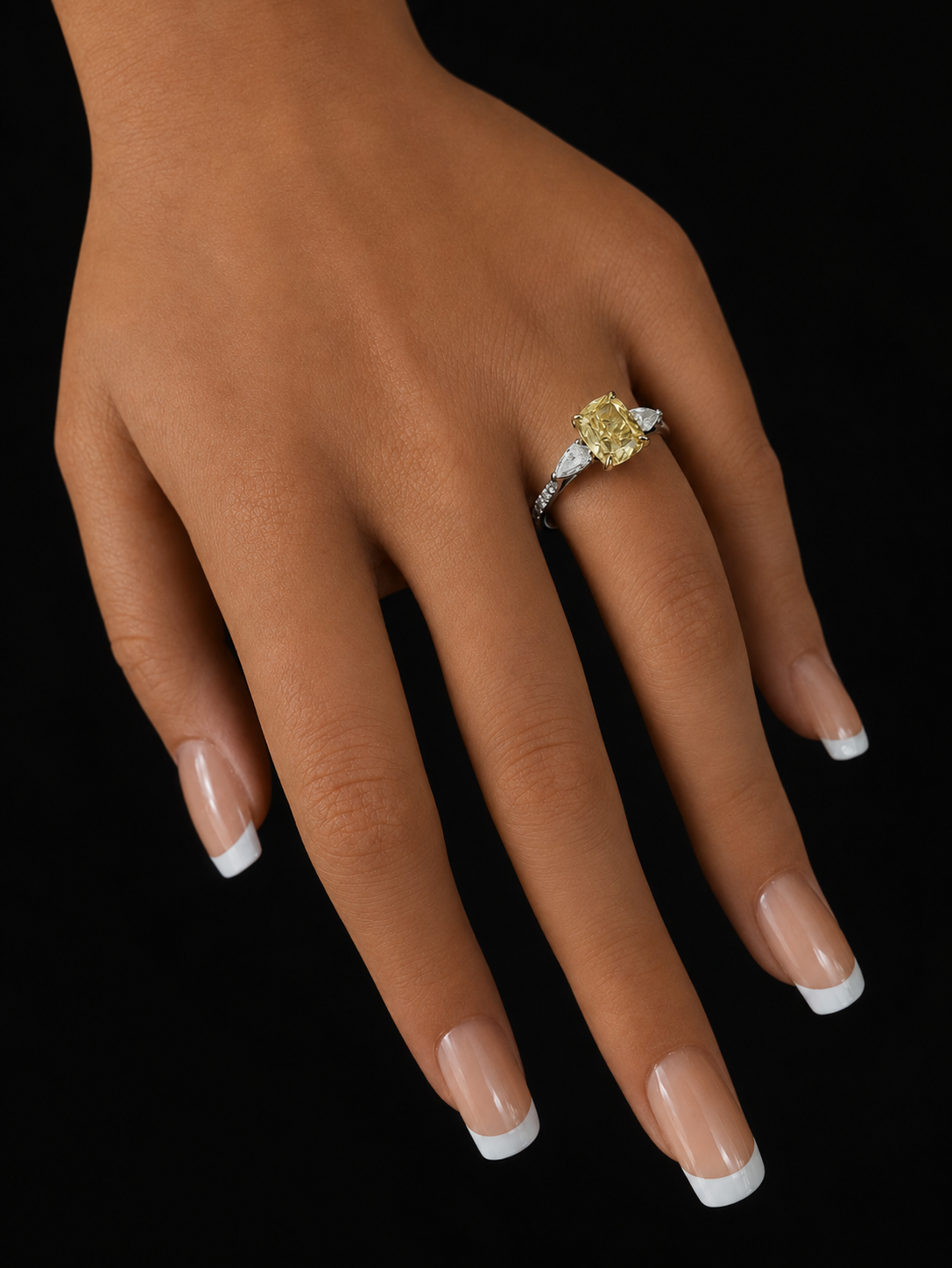 Platinum & 18K Yellow Gold Canary Yellow Lab Diamond Elongated Cushion Engagement Ring – 2.22 ct Total – IGI Certified