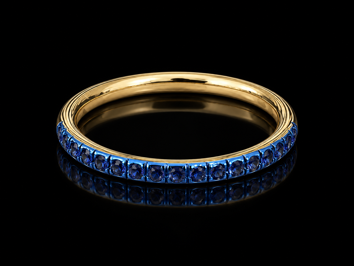 14K Yellow Gold Blue Sapphire & Blue Rhodium Stackable Band