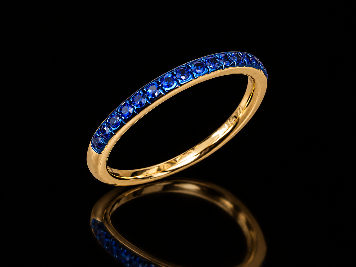 14K Yellow Gold Blue Sapphire & Blue Rhodium Stackable Band