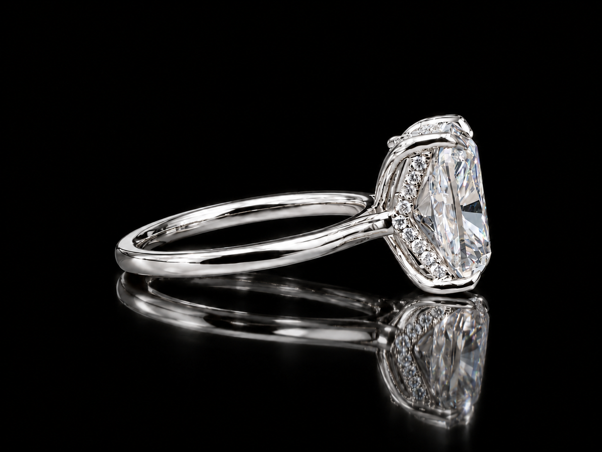 IGI-Certified Cushion Cut Diamond Engagement Ring with Hidden Chevron Halo