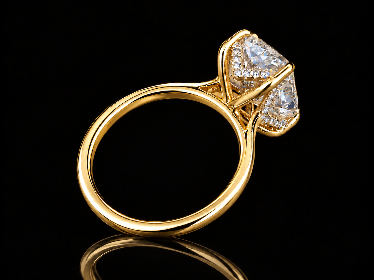 IGI-Certified Cushion Cut Diamond Engagement Ring with Hidden Chevron Halo