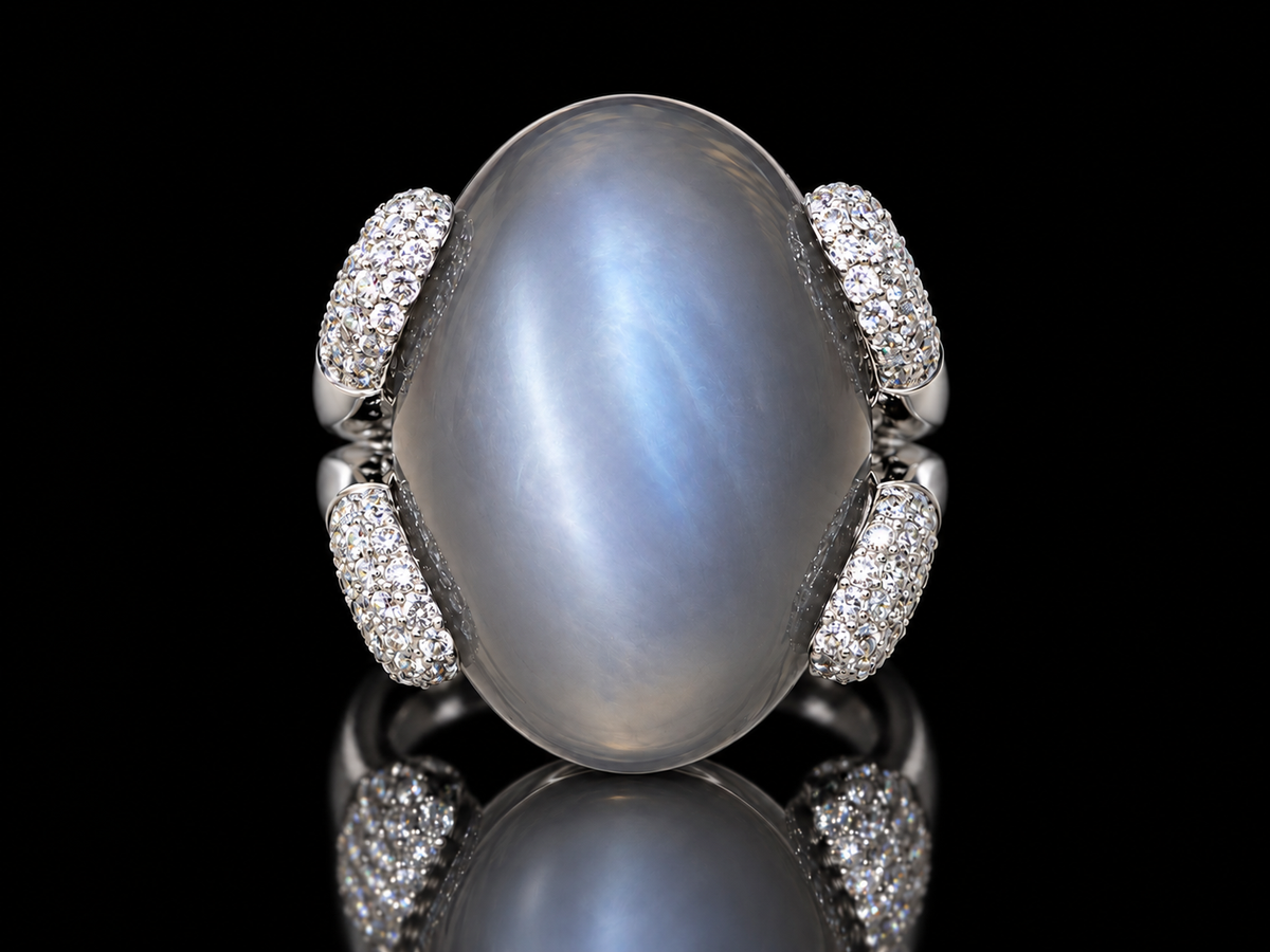 18K White Gold Gray Moonstone & Diamond Cabochon Ring