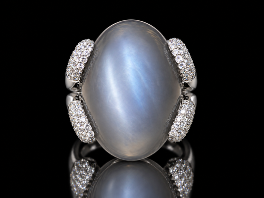 18K White Gold Gray Moonstone & Diamond Cabochon Ring