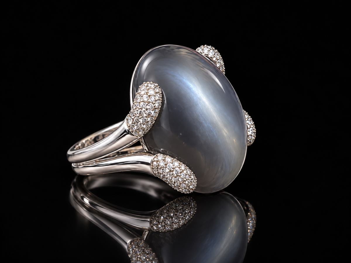 18K White Gold Gray Moonstone & Diamond Cabochon Ring