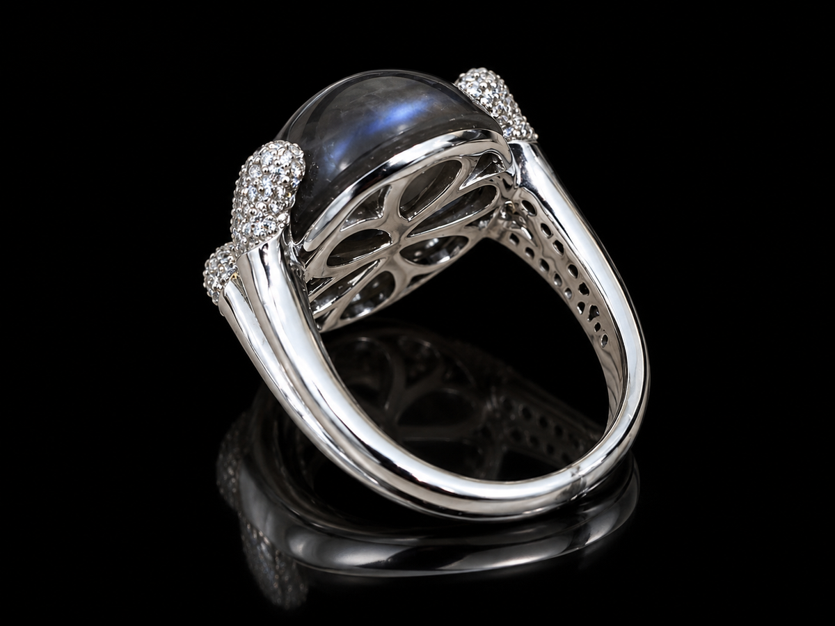 18K White Gold Gray Moonstone & Diamond Cabochon Ring