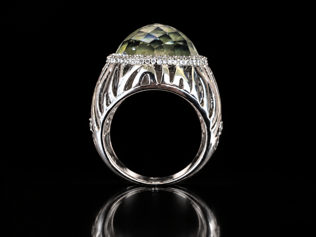 18K White Gold Green Amethyst & Diamond Ladies’ Signet Ring