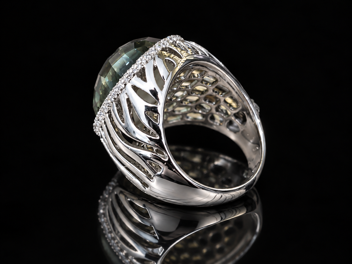 18K White Gold Green Amethyst & Diamond Ladies’ Signet Ring