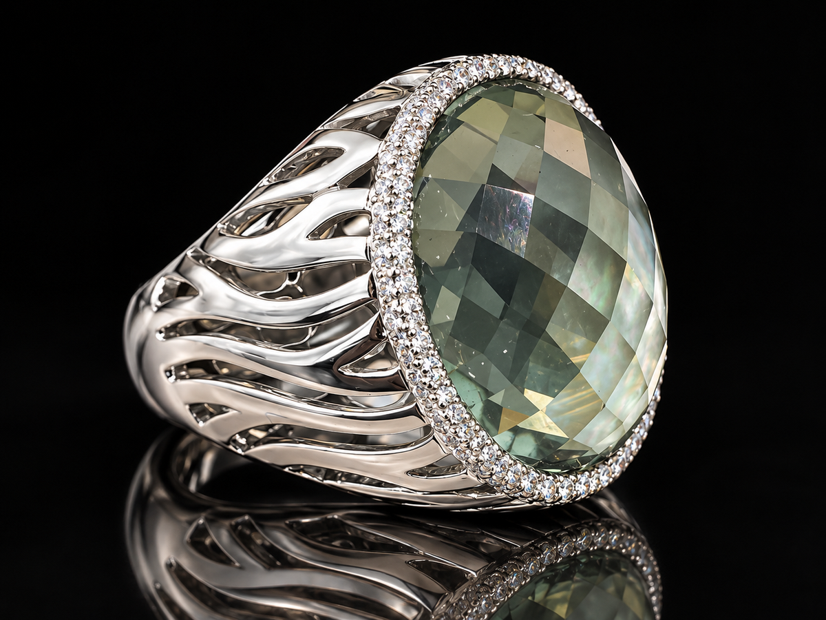 18K White Gold Green Amethyst & Diamond Ladies’ Signet Ring