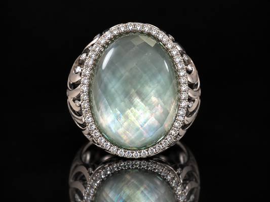 18K White Gold Green Amethyst & Diamond Ladies’ Signet Ring