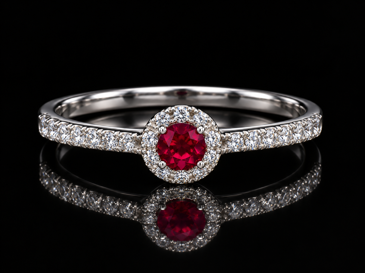 14K White Gold Ruby and Diamond Halo Ring Angelica Jewellers