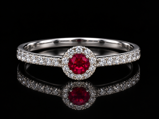 14K White Gold Ruby and Diamond Halo Ring Angelica Jewellers