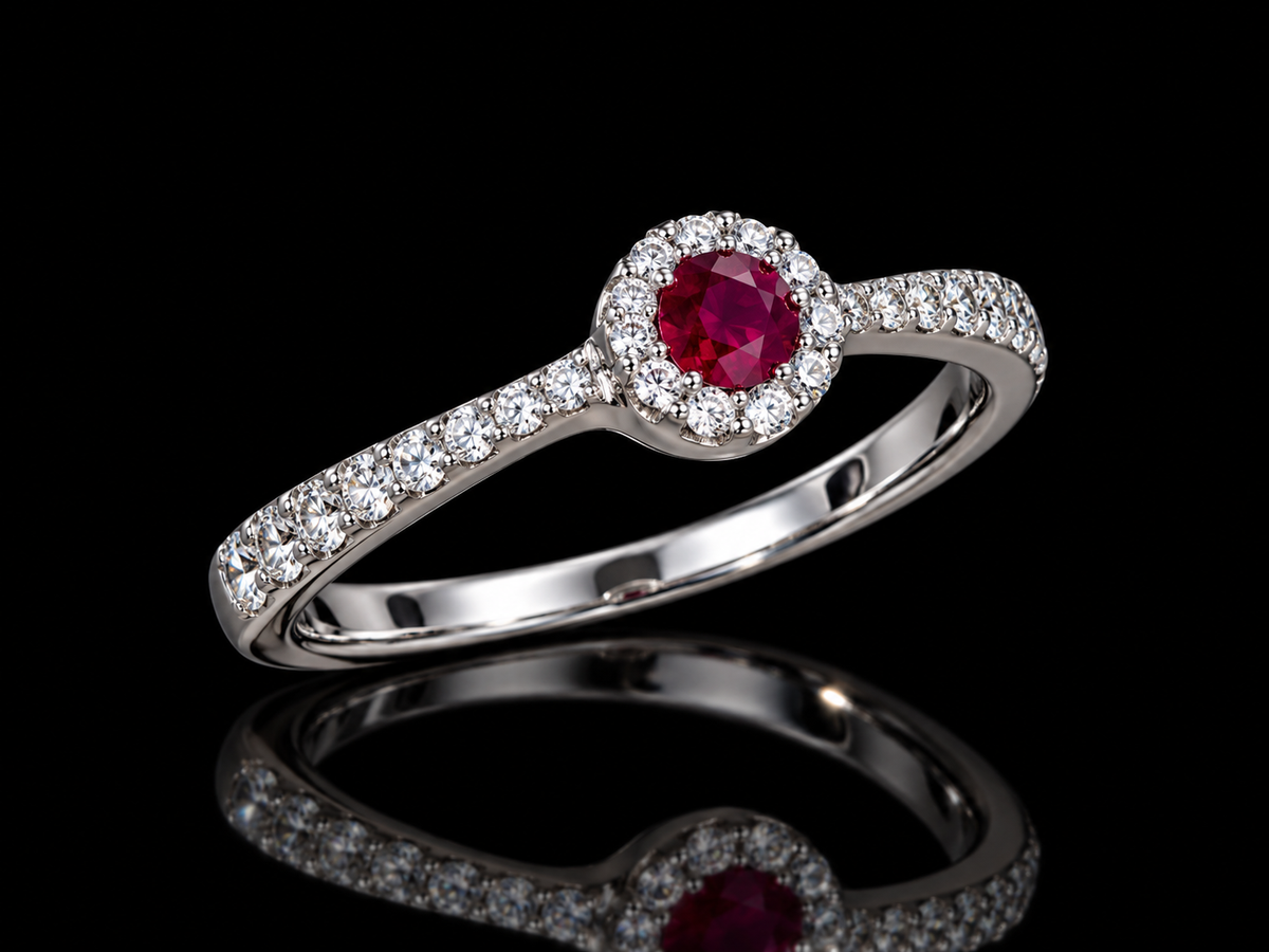 14K White Gold Ruby and Diamond Halo Ring Angelica Jewellers