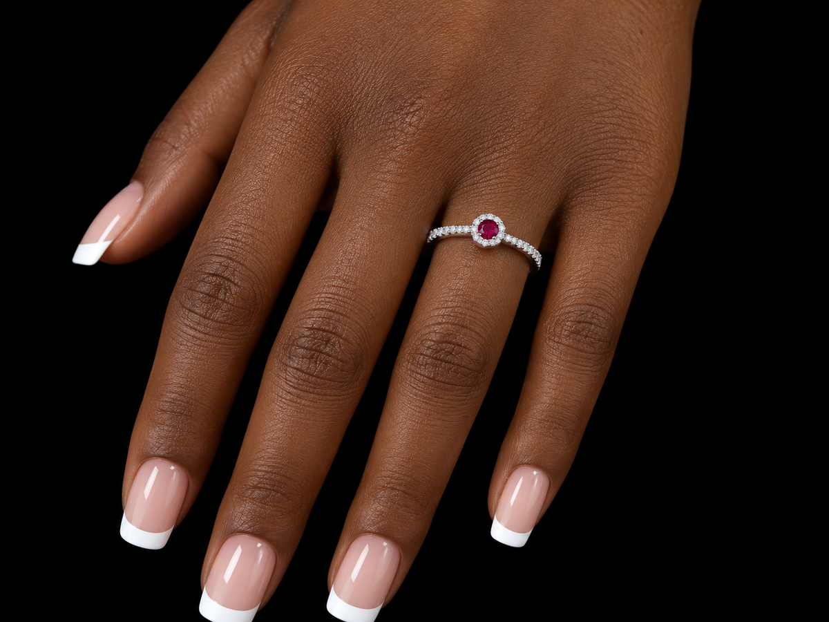 14K White Gold Ruby and Diamond Halo Ring Angelica Jewellers