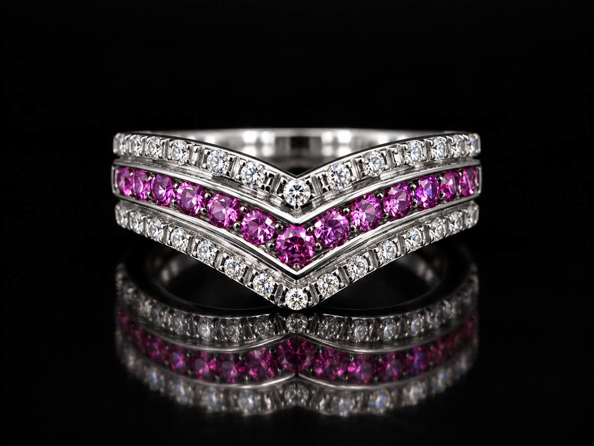18K White Gold Chevron Ring with Natural Pink Sapphires and Diamonds – Angelica Jewellers