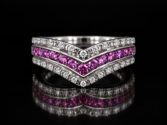 18K White Gold Chevron Ring with Natural Pink Sapphires and Diamonds – Angelica Jewellers