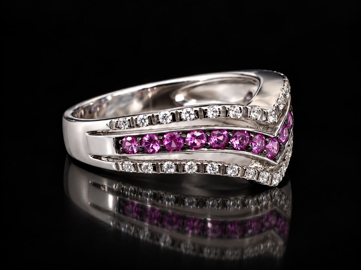 18K White Gold Chevron Ring with Natural Pink Sapphires and Diamonds – Angelica Jewellers, view 3