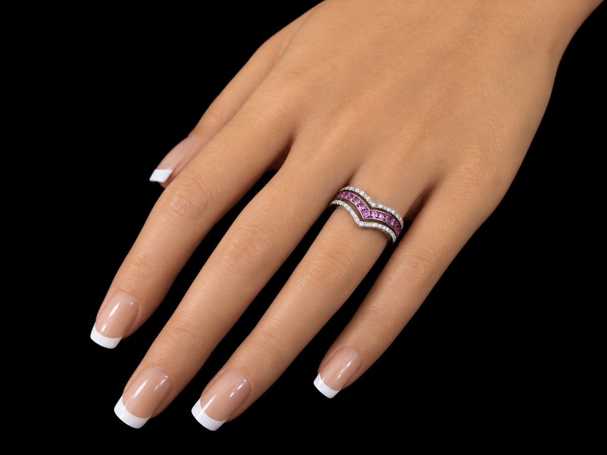 18K White Gold Chevron Ring with Natural Pink Sapphires and Diamonds – Angelica Jewellers, view 2