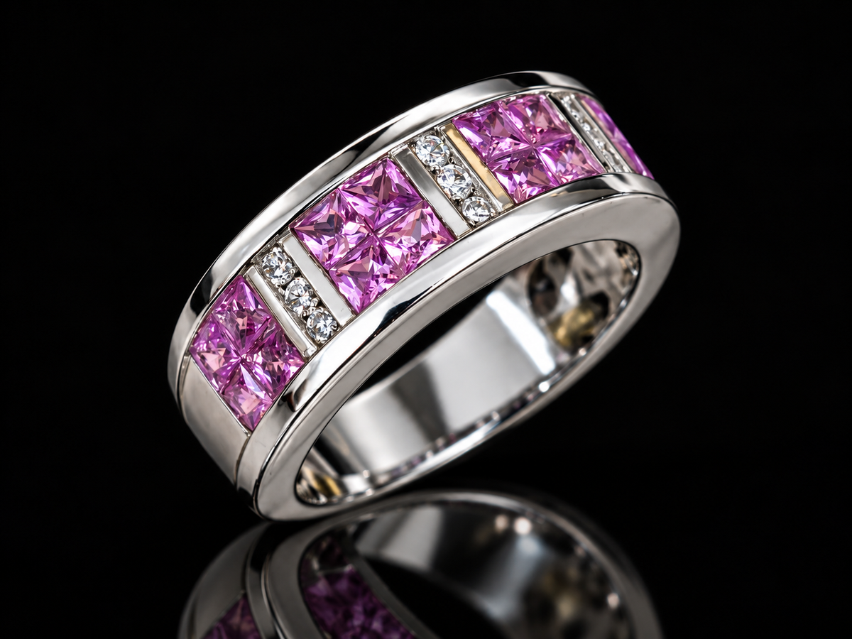 14K White Gold Pink Sapphire and Diamond Band Ring – Angelica Jewellers, view 3
