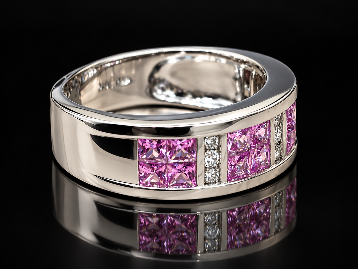 14K White Gold Pink Sapphire and Diamond Band Ring – Angelica Jewellers, view 4