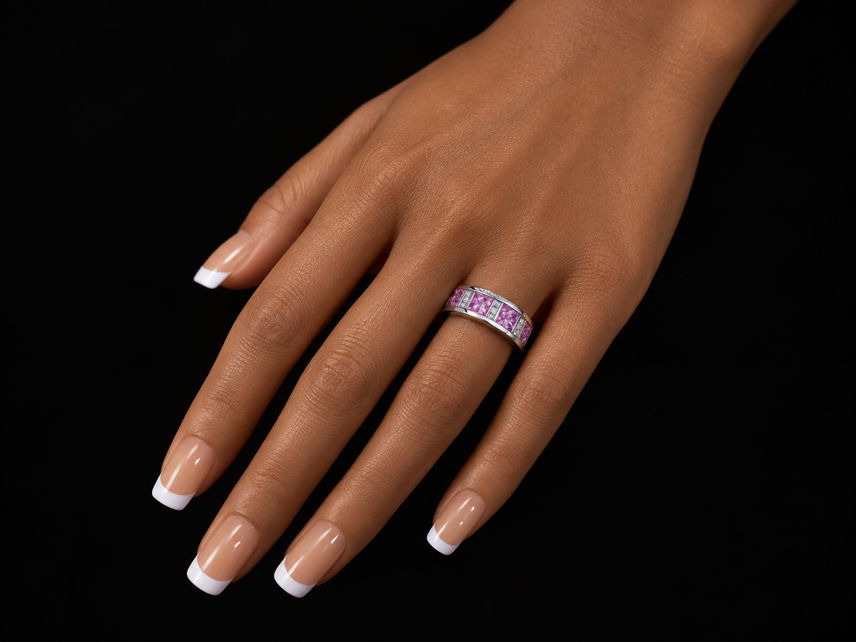 14K White Gold Pink Sapphire and Diamond Band Ring – Angelica Jewellers, view 2
