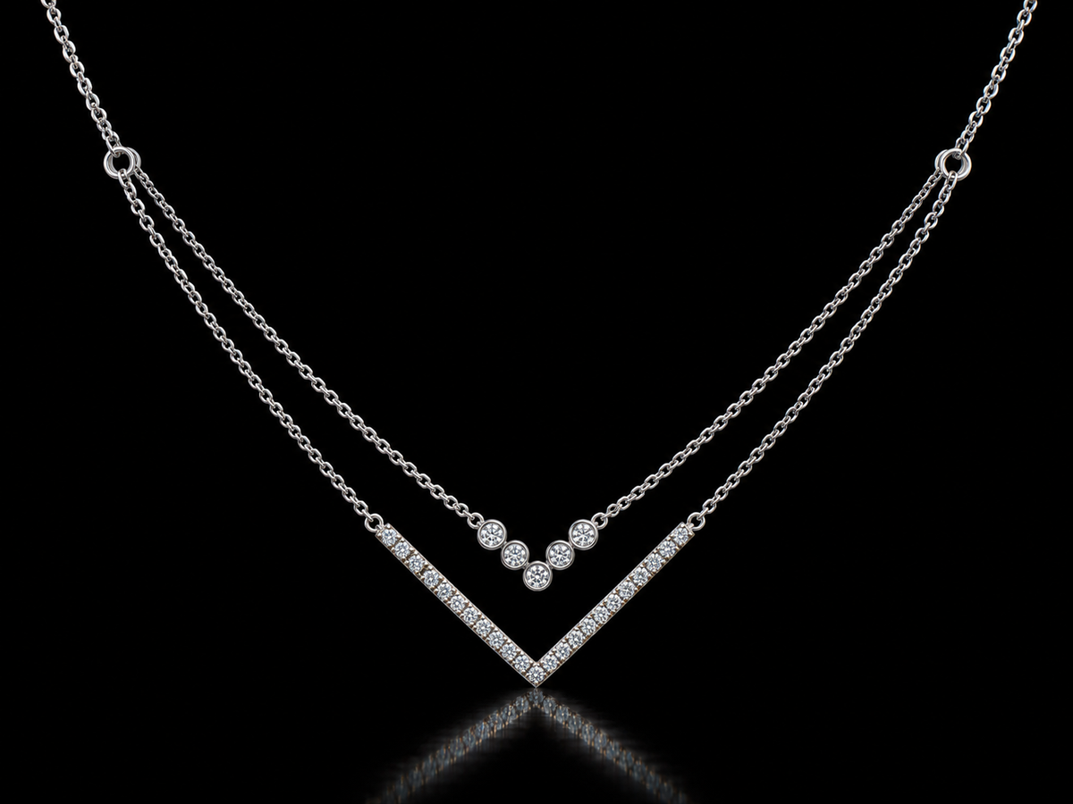 14K White Gold Double-Layer Chevron Natural Diamond Necklace – 0.12 CTW
