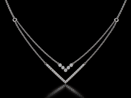 14K White Gold Double-Layer Chevron Natural Diamond Necklace – 0.12 CTW