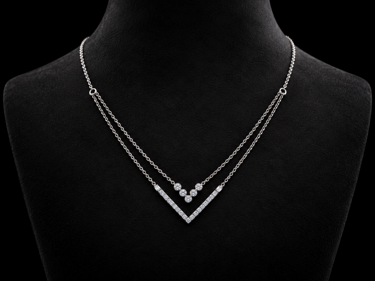 14K White Gold Double-Layer Chevron Natural Diamond Necklace – 0.12 CTW