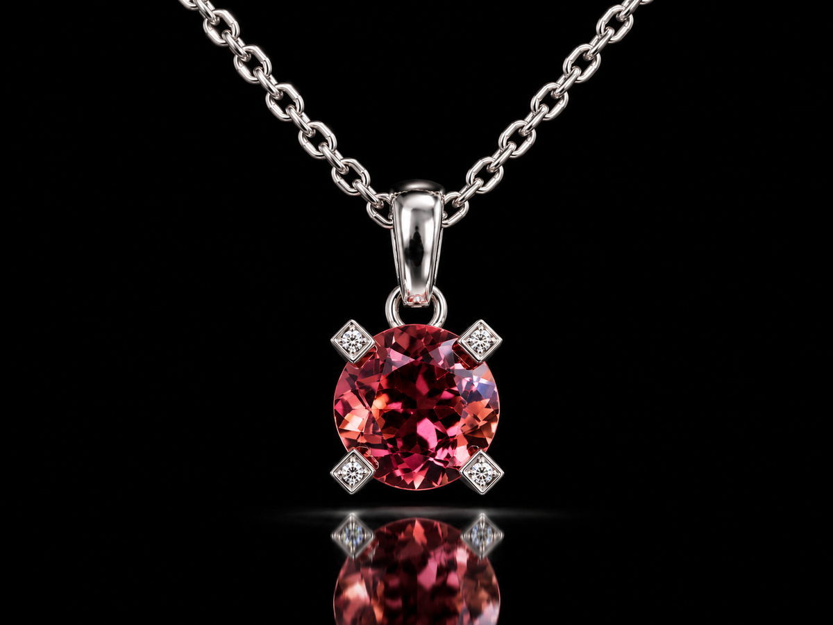 18K White Gold 1.50 CT Round Pink Topaz & Natural Diamond Pendant Necklace