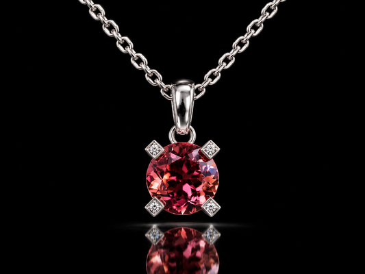 18K White Gold 1.50 CT Round Pink Topaz & Natural Diamond Pendant Necklace