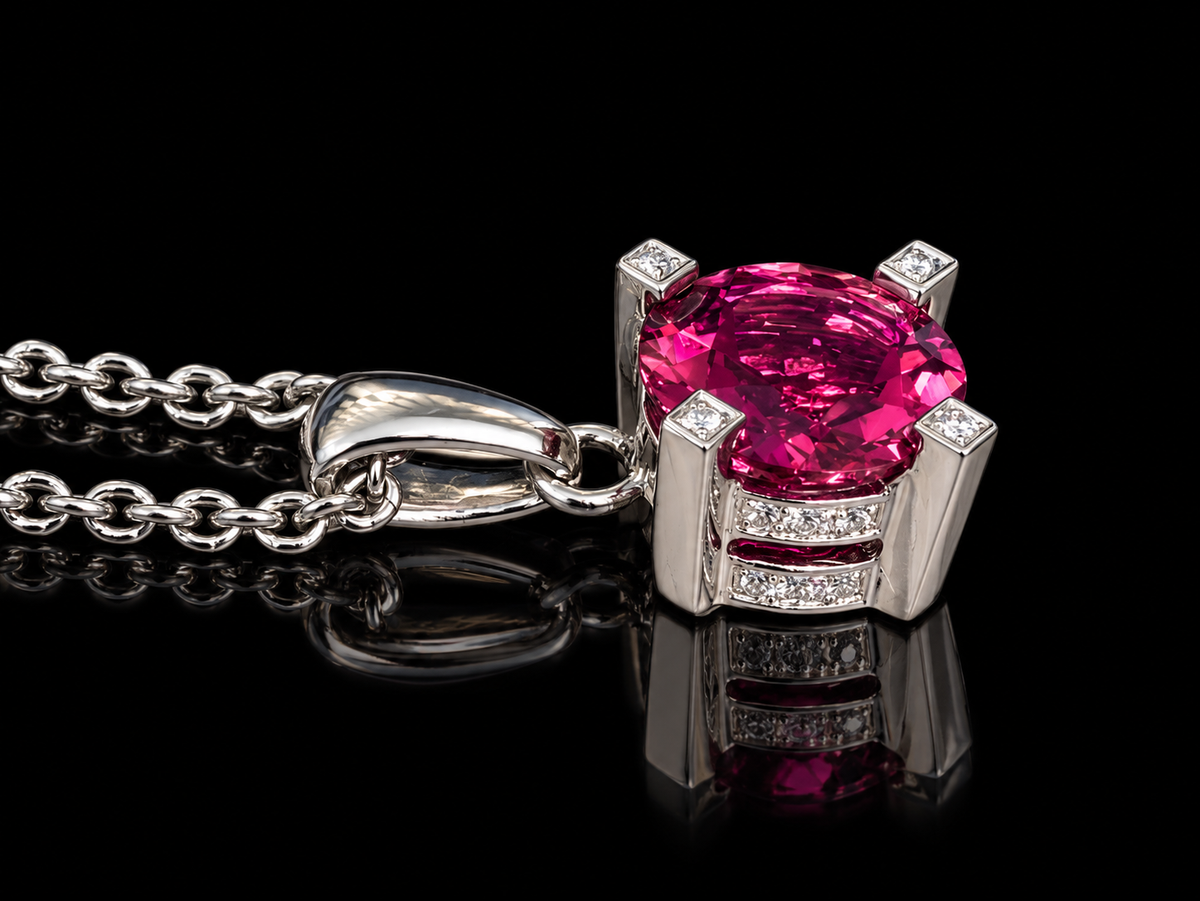 18K White Gold 1.50 CT Round Pink Topaz & Natural Diamond Pendant Necklace