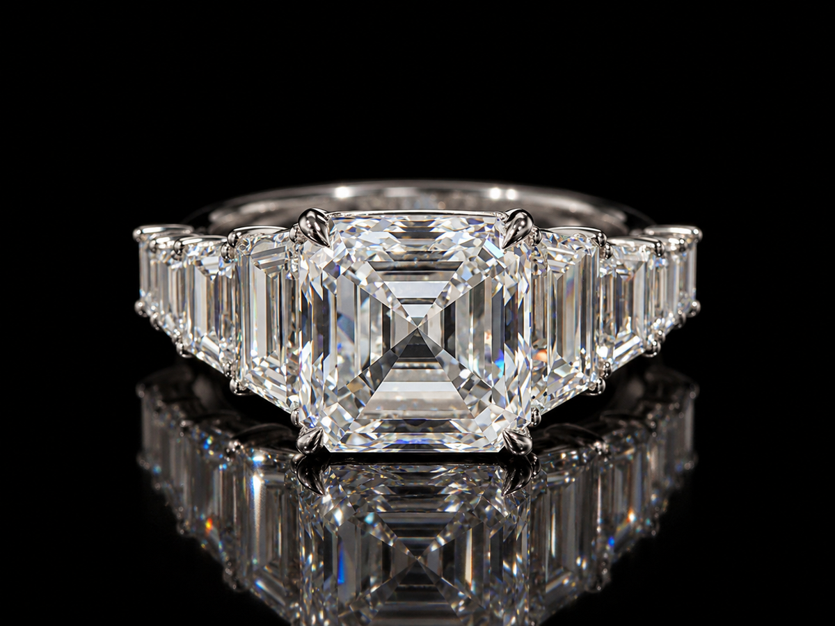 Asscher-Cut Diamond Engagement Ring with Trapezoid & Baguette Side Diamonds