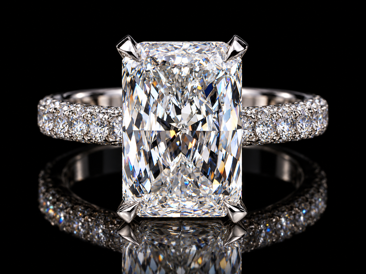 4.40 CT Elongated Radiant Diamond Engagement Ring – E VVS2 | Triple-Row Pavé