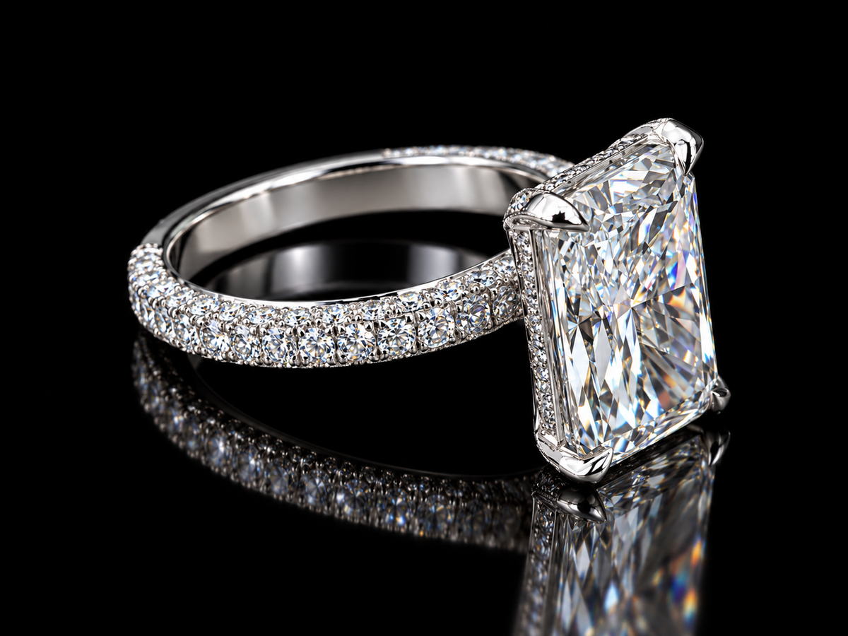 4.40 CT Elongated Radiant Diamond Engagement Ring – E VVS2 | Triple-Row Pavé