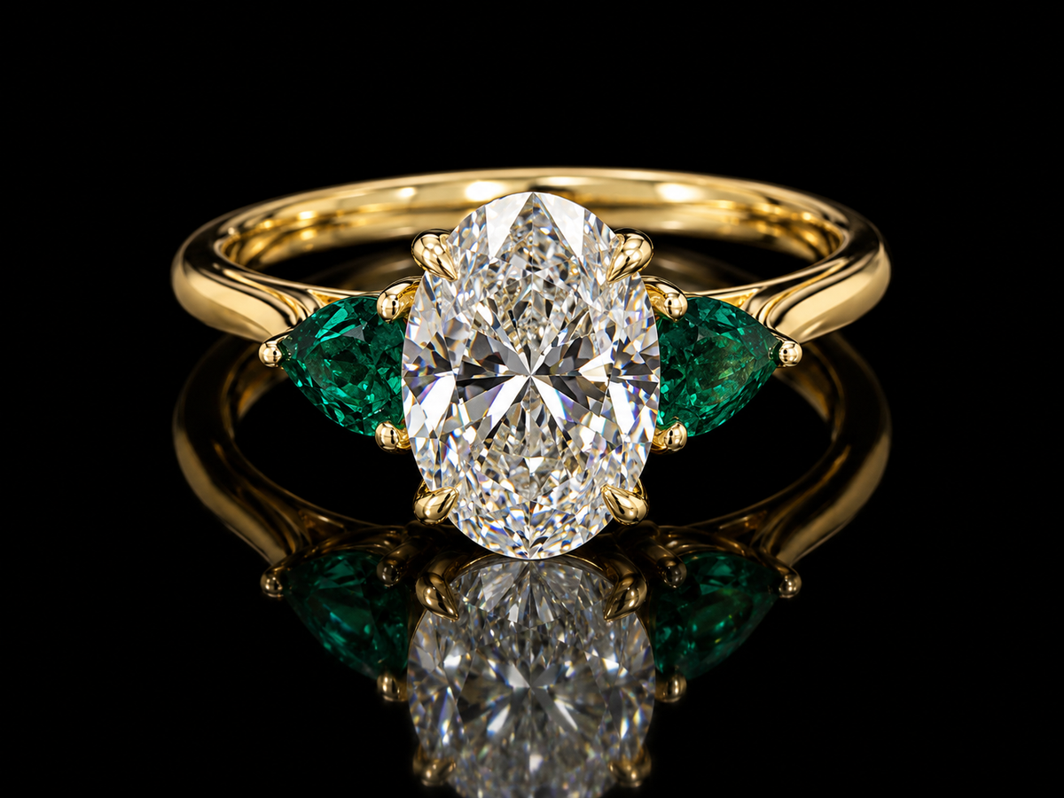 2.00 CT Oval Lab-Grown Diamond & Emerald Trilogy Engagement Ring