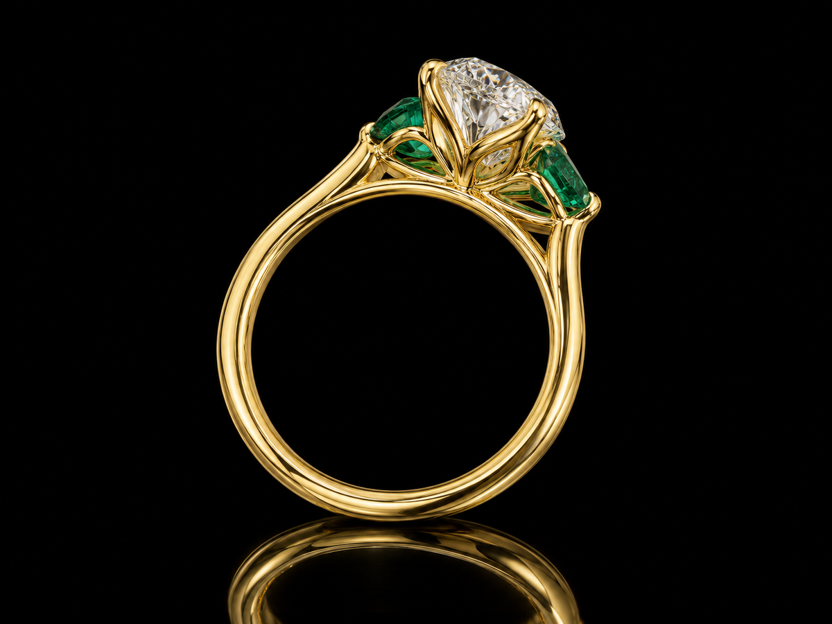 2.00 CT Oval Lab-Grown Diamond & Emerald Trilogy Engagement Ring