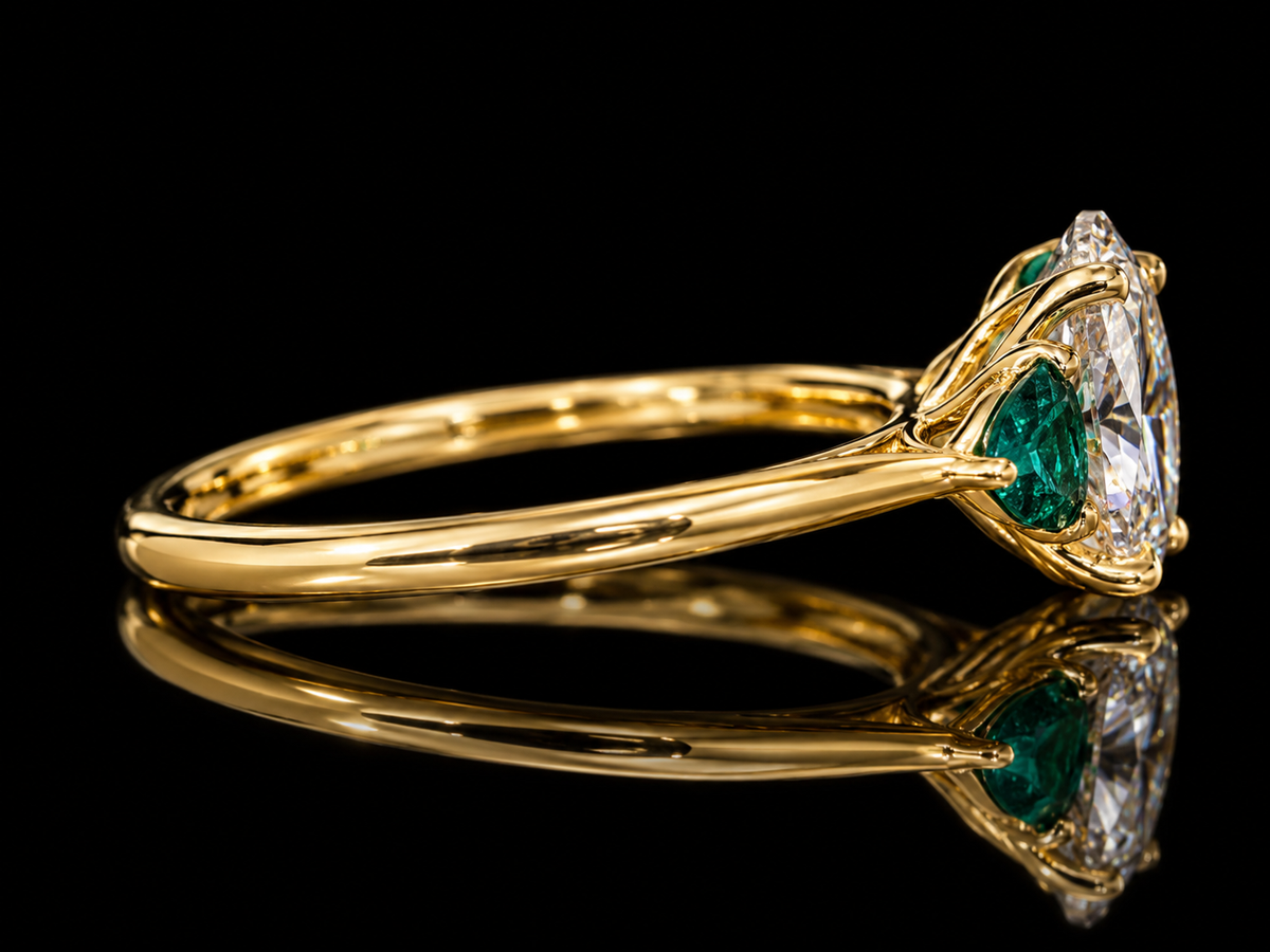 2.00 CT Oval Lab-Grown Diamond & Emerald Trilogy Engagement Ring