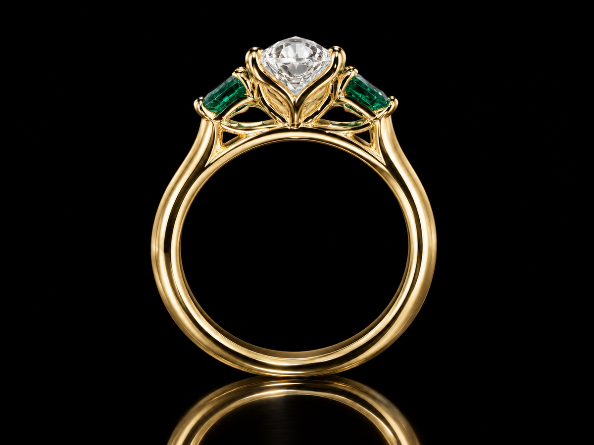 2.00 CT Oval Lab-Grown Diamond & Emerald Trilogy Engagement Ring