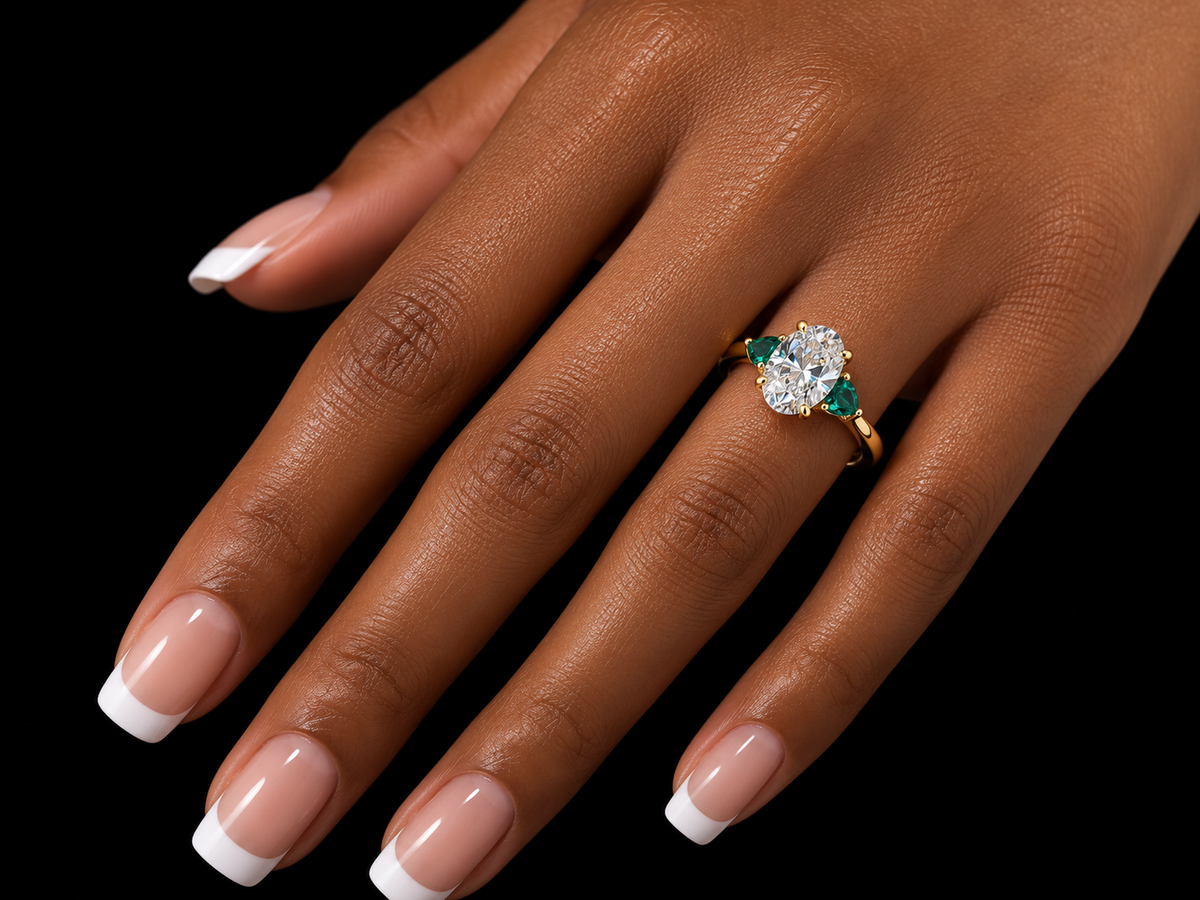 2.00 CT Oval Lab-Grown Diamond & Emerald Trilogy Engagement Ring