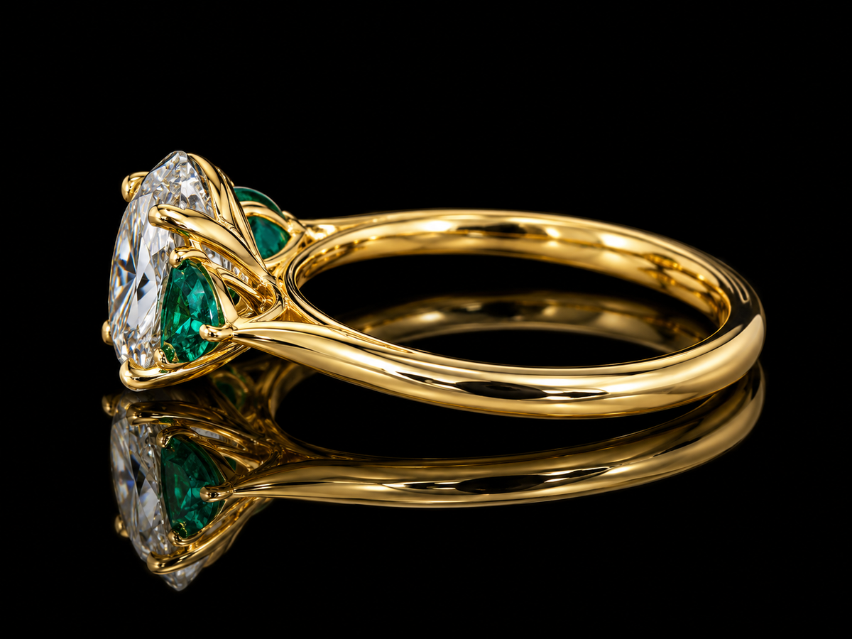 2.00 CT Oval Lab-Grown Diamond & Emerald Trilogy Engagement Ring