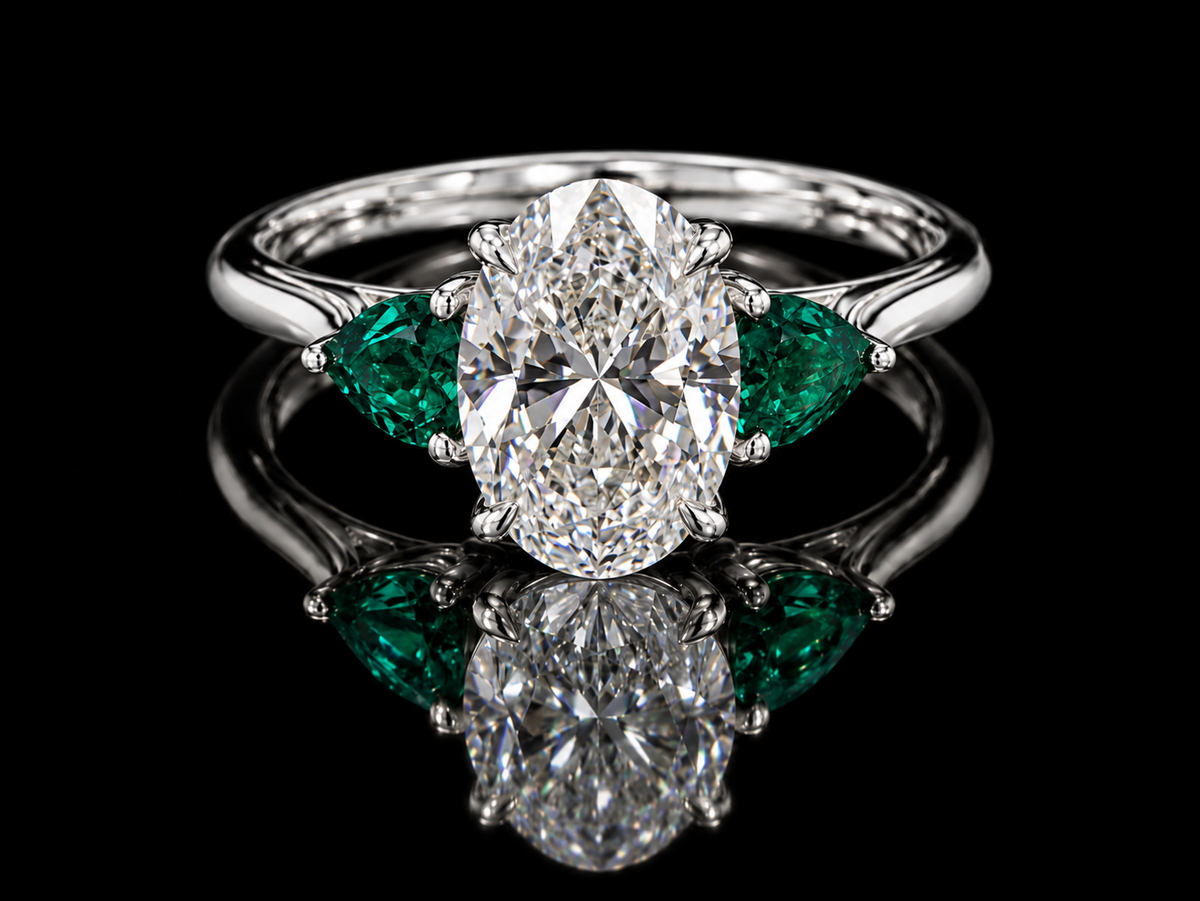 2.00 CT Oval Lab-Grown Diamond & Emerald Trilogy Engagement Ring