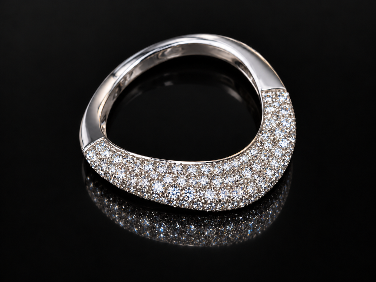 14K White Gold Raised Wave Ring with 0.60 CT Pavé Diamonds