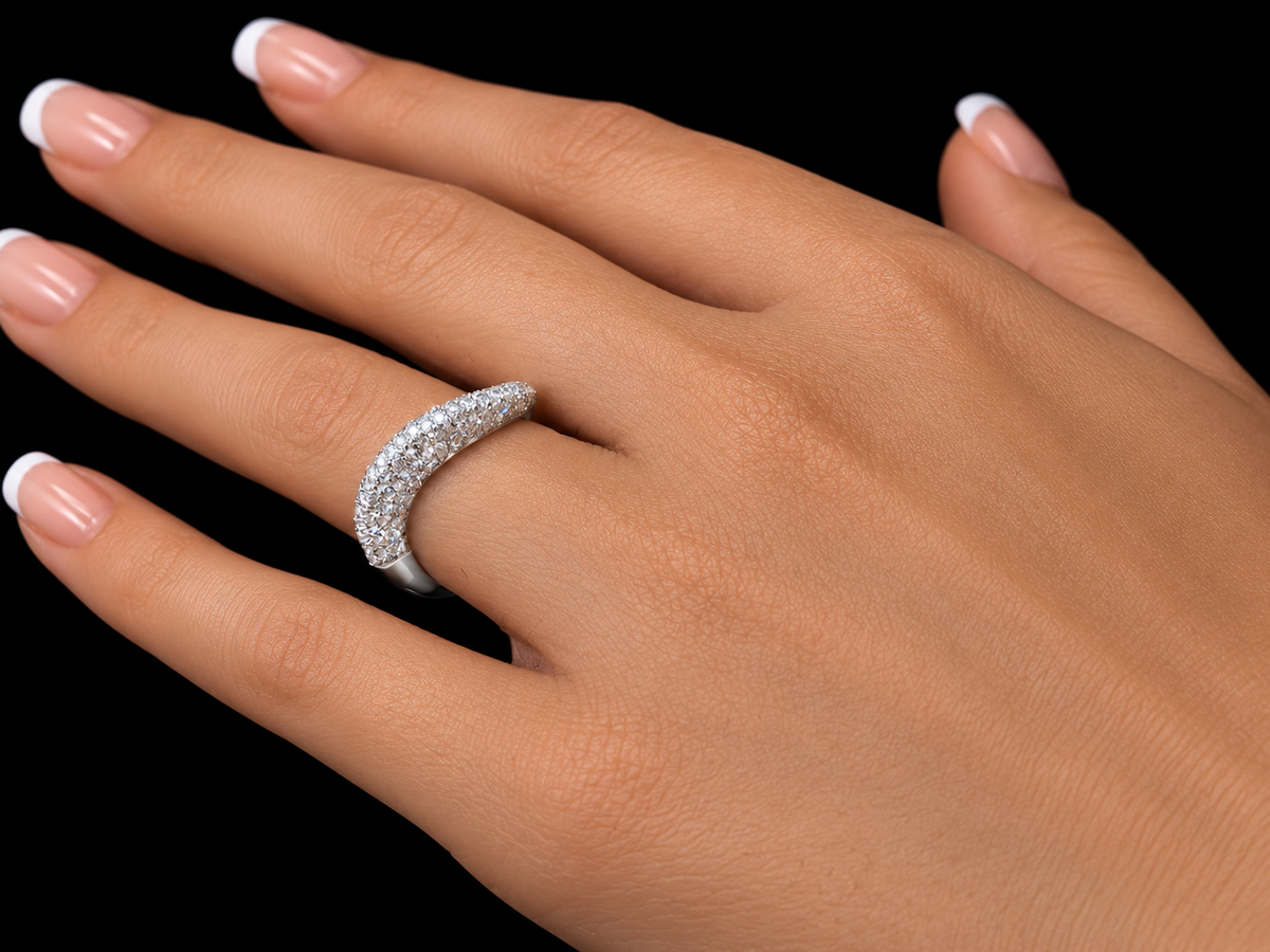 14K White Gold Raised Wave Ring with 0.60 CT Pavé Diamonds