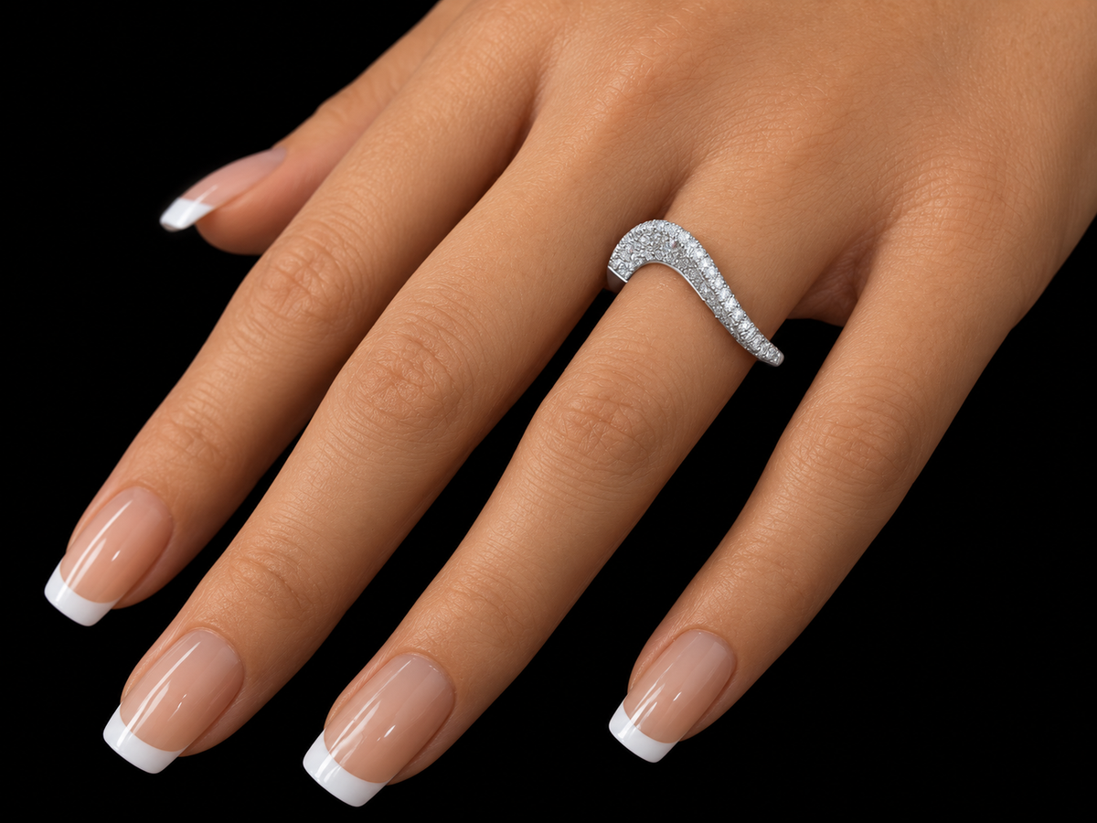 14K White Gold Raised Wave Ring with 0.60 CT Pavé Diamonds