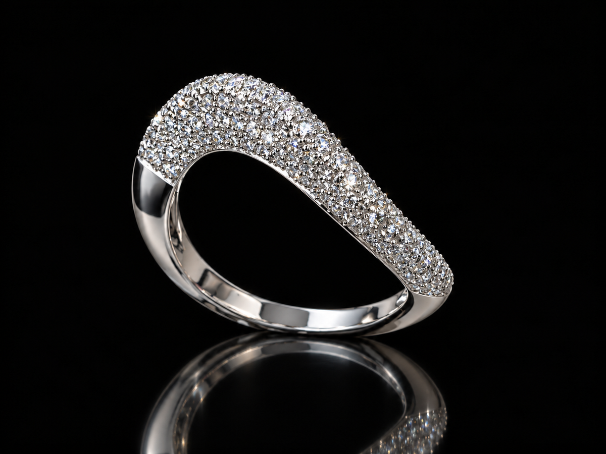 14K White Gold Raised Wave Ring with 0.60 CT Pavé Diamonds