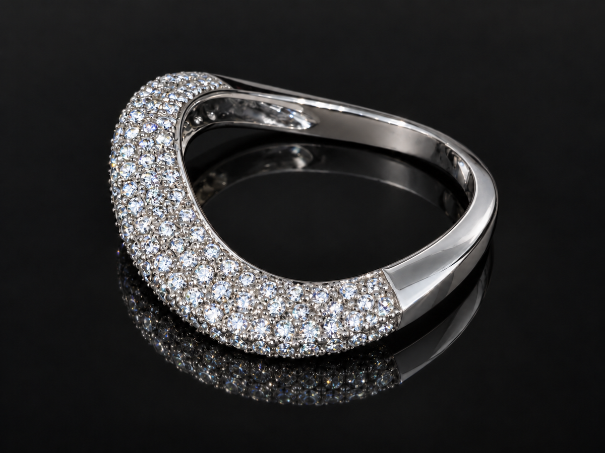 14K White Gold Raised Wave Ring with 0.60 CT Pavé Diamonds