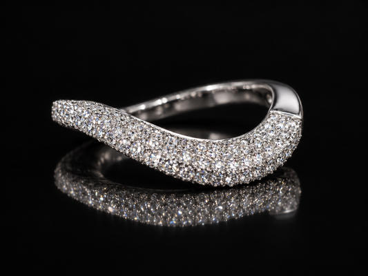 14K White Gold Raised Wave Ring with 0.60 CT Pavé Diamonds