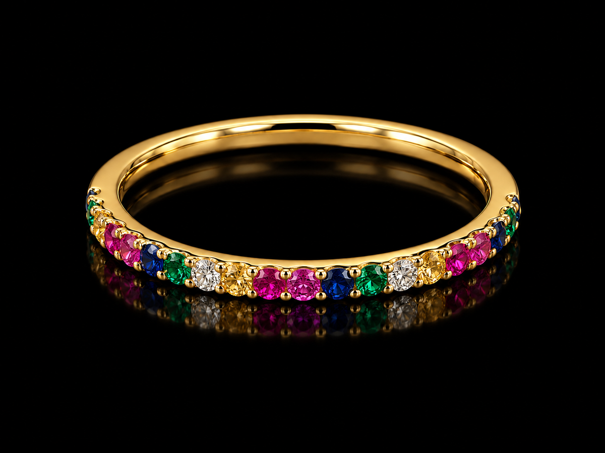 14K Yellow Gold Trinity Band with Multicolour Sapphires and Diamonds